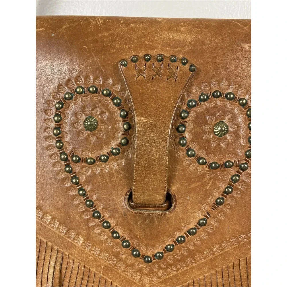 Vintage Leather Hand Tooled & Beaded Handbag Crossbody Tan Fringe Hippie Boho